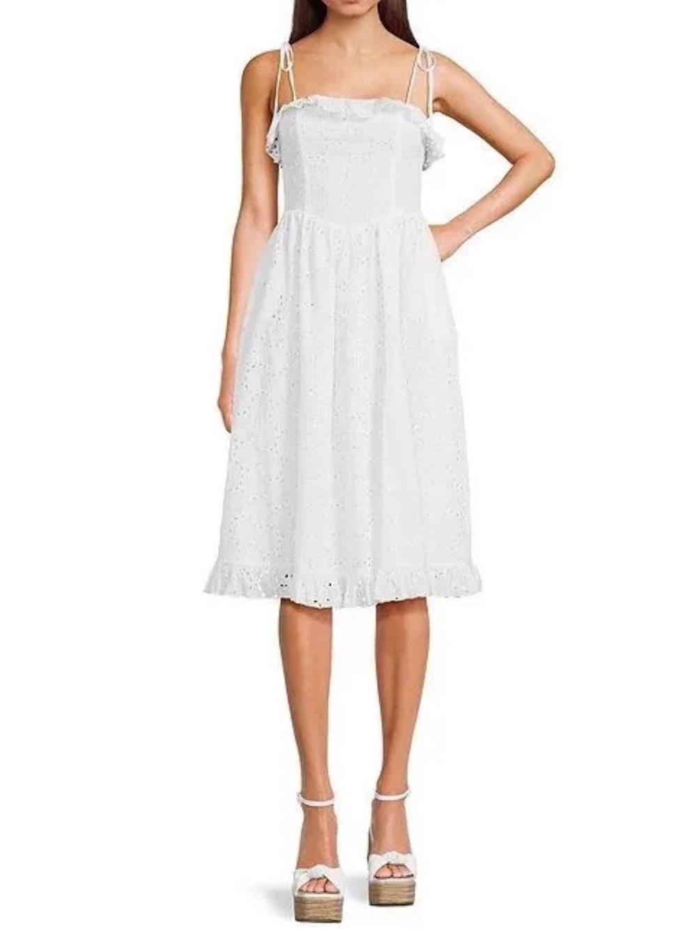 Katie J NYC White Eyelet Midi Sundress with Tie Straps